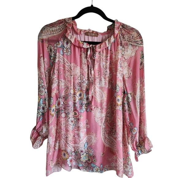 EUC LA STRADA SILK BLEND PINK PASTEL FLORAL KEYHOLE BLOUSE SZ S - Picture 2 of 10